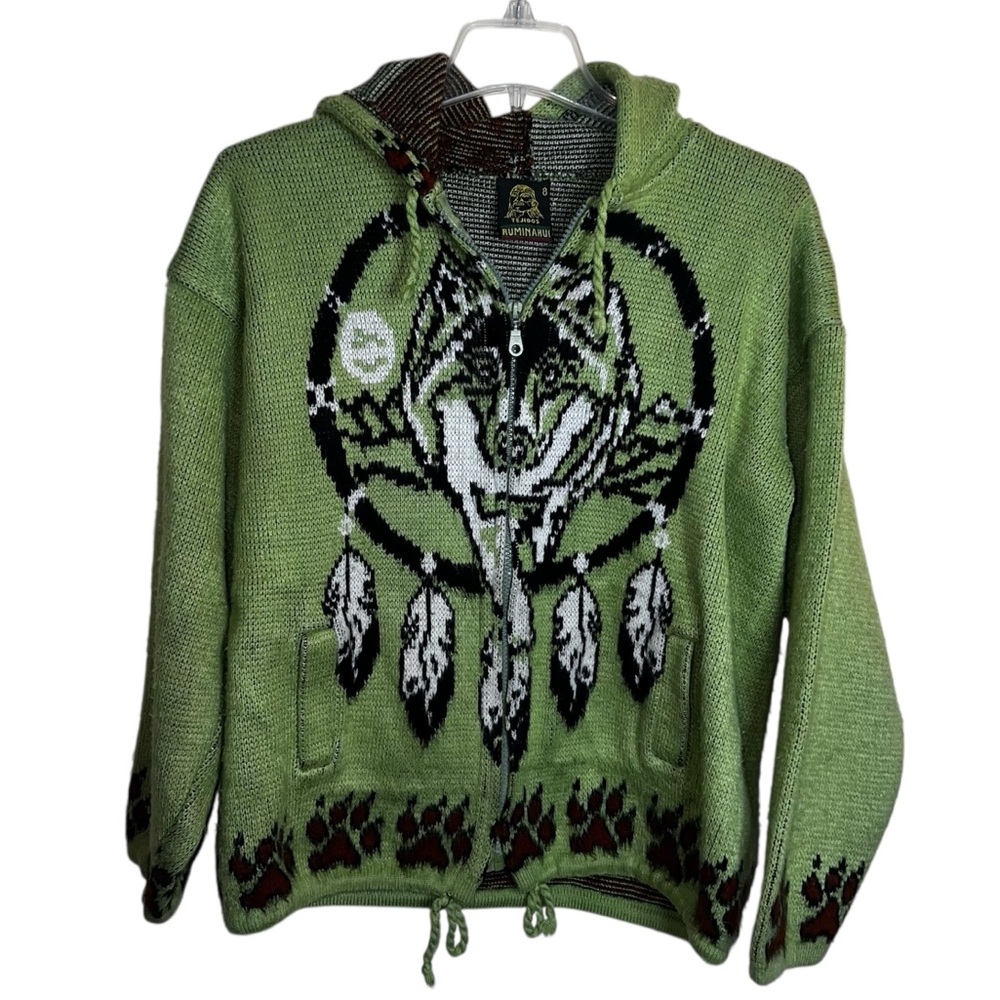 Tejidos Ruminahui Vintage Sweater Wolf Dreamcatcher Feathers Zip Up Hooded 8/Med